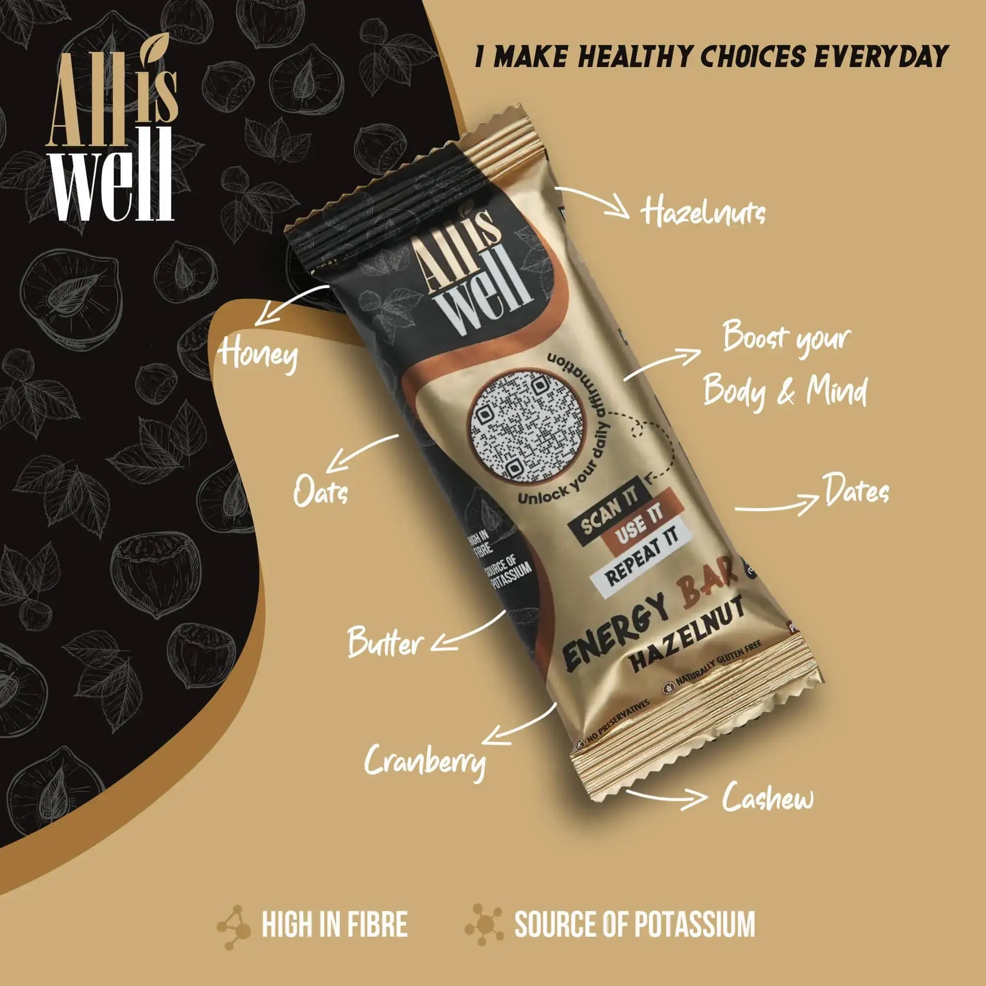 ALL IS WELL HAZELNUT ENERGY BAR (6 pack)